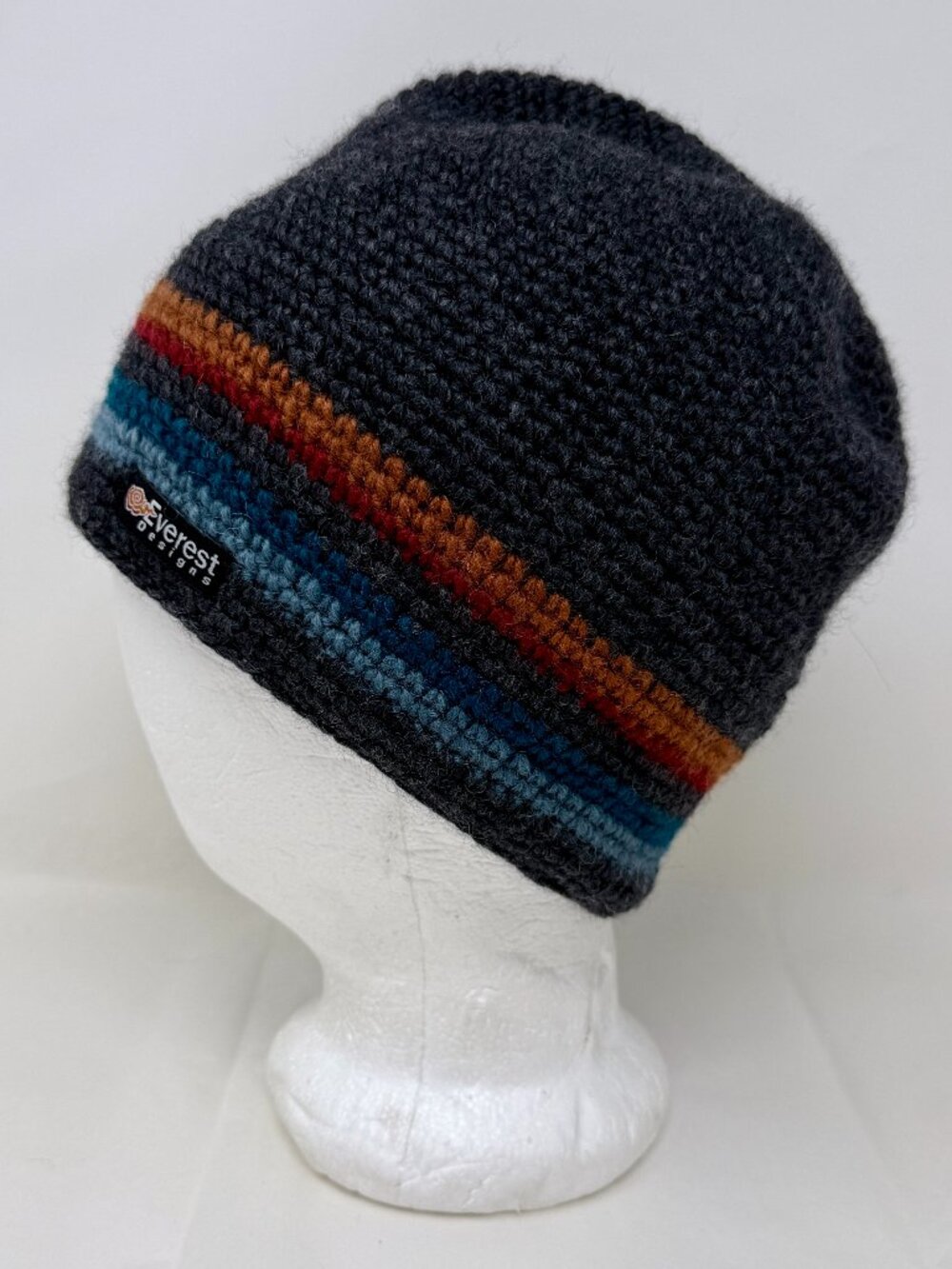 Everest Designs Wool Knit Beanie Charcoal Gray Striped Winter Hat Handmade Nepal
